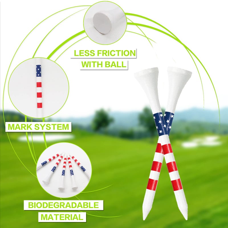 FINGER TEN Golf Tees Wood 3 1/4 2 3/4 Inch Wooden Bamboo 50/120 Count  Durable Biodegradable Colored Bulk Tee 70mm 83mm (USA Flag  2 3/4 Inch(50 Pack)) - Image 3